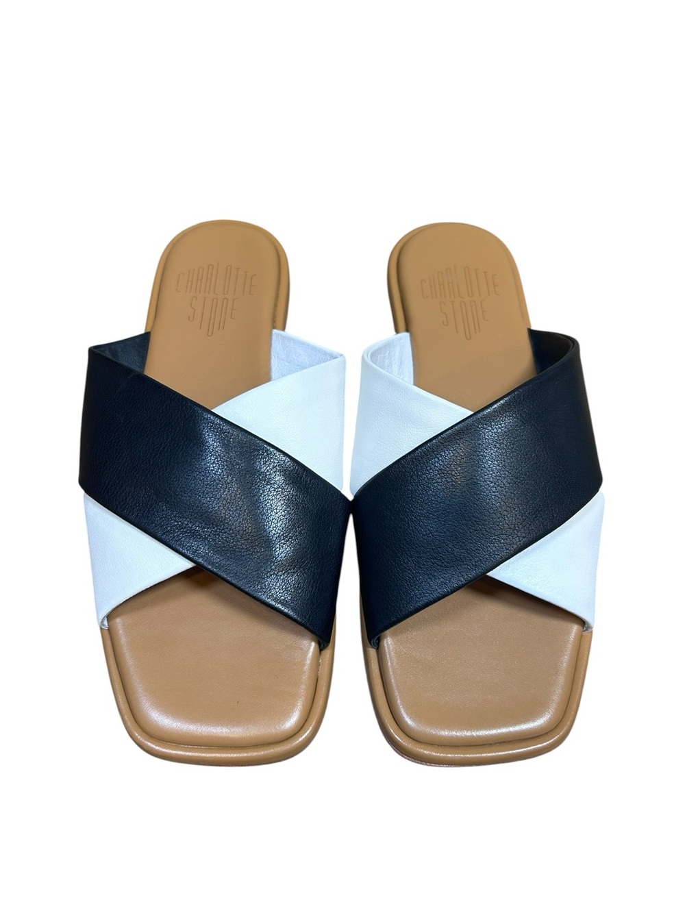 Charlotte Stone black white criss cross leather Kim sandals size 7 slip on flats